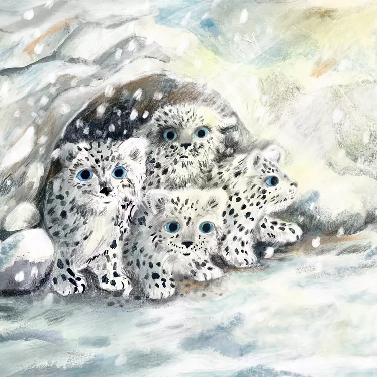 a mixed media illustration of four snow leopard cubs huddled together, looking out of their cave den. It is snowing lightly and there are sunbeams shining down